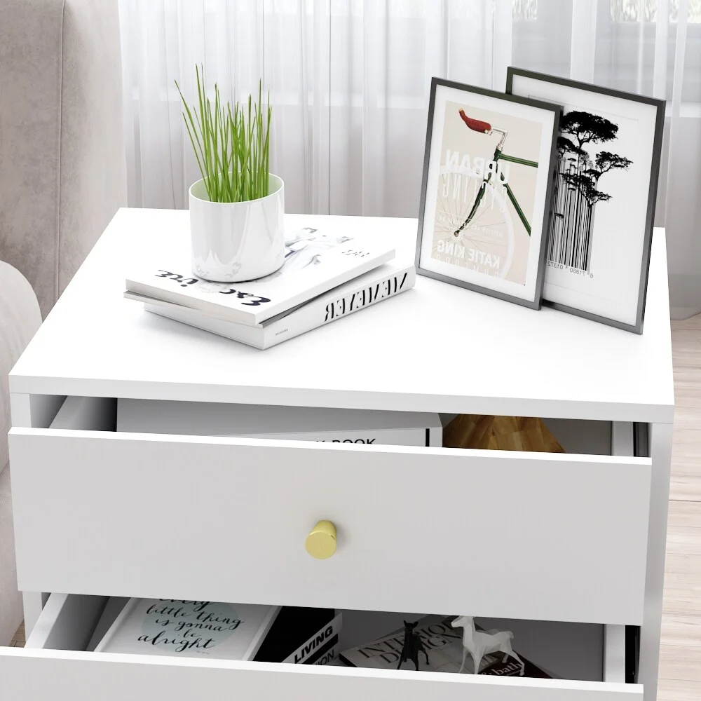 TMEKEEPER INC-FC Timechee Nightstand Bedside Table Wood 3-Drawer with Metal Leg, White