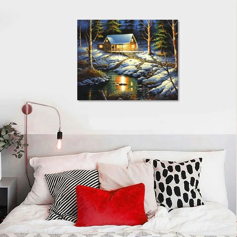 JEUXUS Woodland Retreat by Jim Hansel 20x16in Log Cabin Winter Snow Deer Framed Art Picture