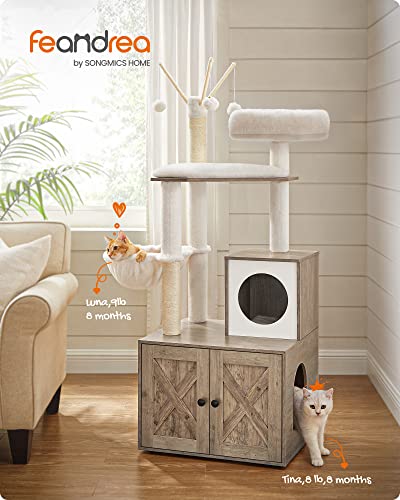 Feandrea Cat Tree with Litter Box Enclosure, 2-in-1 Modern Cat Tower, 55.1-Inch Cat Condo with Scratching Posts, Removable Pompom Sticks, Rustic Brown UPCT113X01