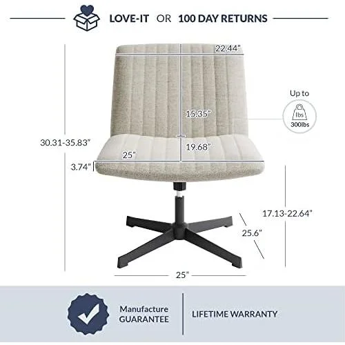 Armless Office Desk Chair, Back Home Office Chair No Wheels, Ergonomic Office Chair With Height Adjustment And Tilt Function, Wide Seat Desk Chair For Bedroom, Vanity - Maddox (Beige)