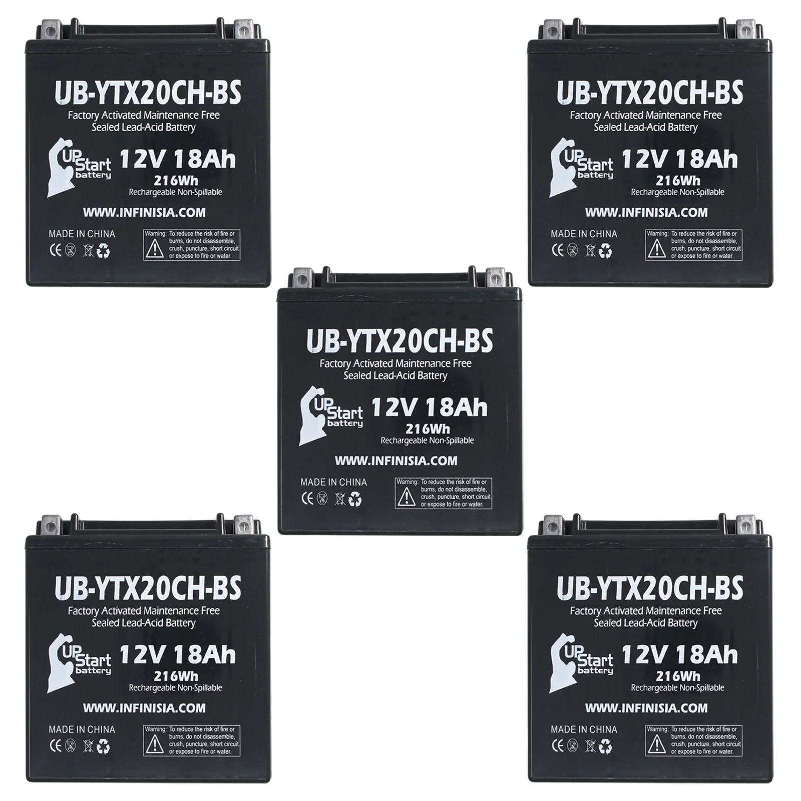 5-Pack UB-YTX20CH-BS Battery Replacement for 2006 Suzuki LT-A700X King Quad 700 CC ATV - Factory Activated, Maintenance Free, Motorcycle Battery - 12V, 18AH, UpStart Battery Brand