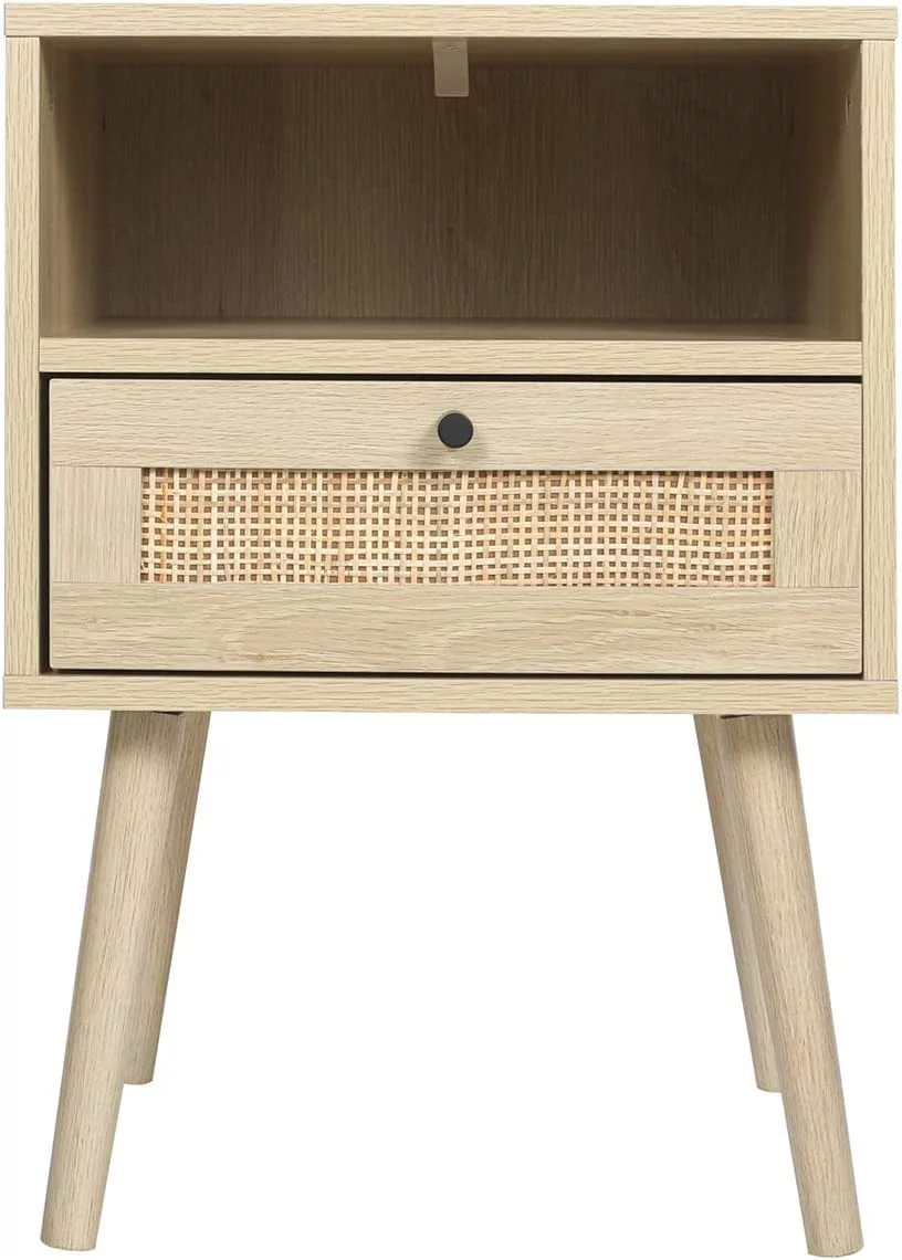Rattan End Table with 1 Drawer, Nightstand with Open Storage Shelf & Wood Legs, Side Table for Living Room, Bedroom, Small Spaces, Natural Wood