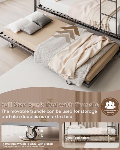 Full Over Full Bunk Bed with Trundle, Heavy Duty Metal Bed Frame with Full-Length Guardrails & Ladder, 3-in-1 Convertible Full Bunk Bed, Noise-Free, No Box Spring Needed, Black