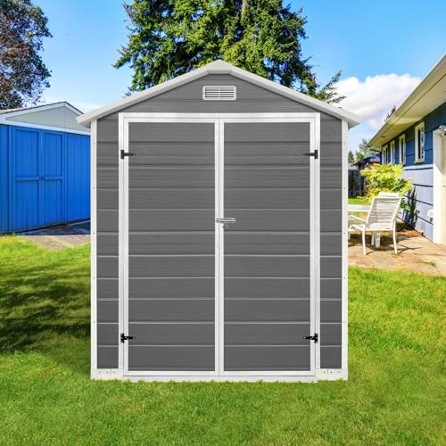 6x4 FT Outdoor Storage Resin Shed with Floor,Waterproof Plastic Garden Bike Shed with Lockable Door, Sloped Roof, Vents & Windows, Easy Assembly Tool Shed for Lawn, Backyard, Patio, Grey