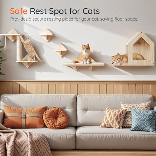 HOOBRO Wood Cat Wall Shelves, Set of 5 Cat Wall Mounted Furniture, Climbing Shelves with House, Steps, Scratching Post, Perch, Sturdy and Anti-Slip, Natural NL43CS03G1