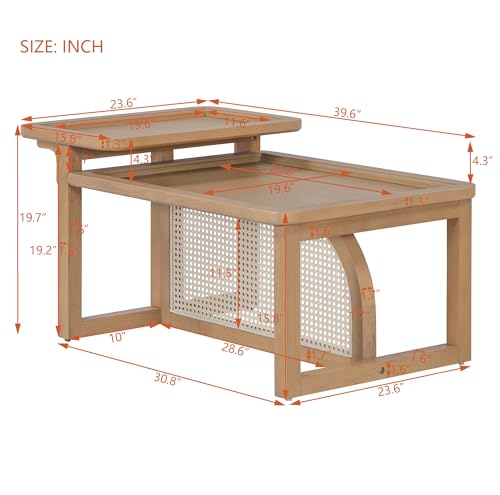 Modern 2 Piece Nesting Rattan Wood+ MDF Coffee Table Set in Natural