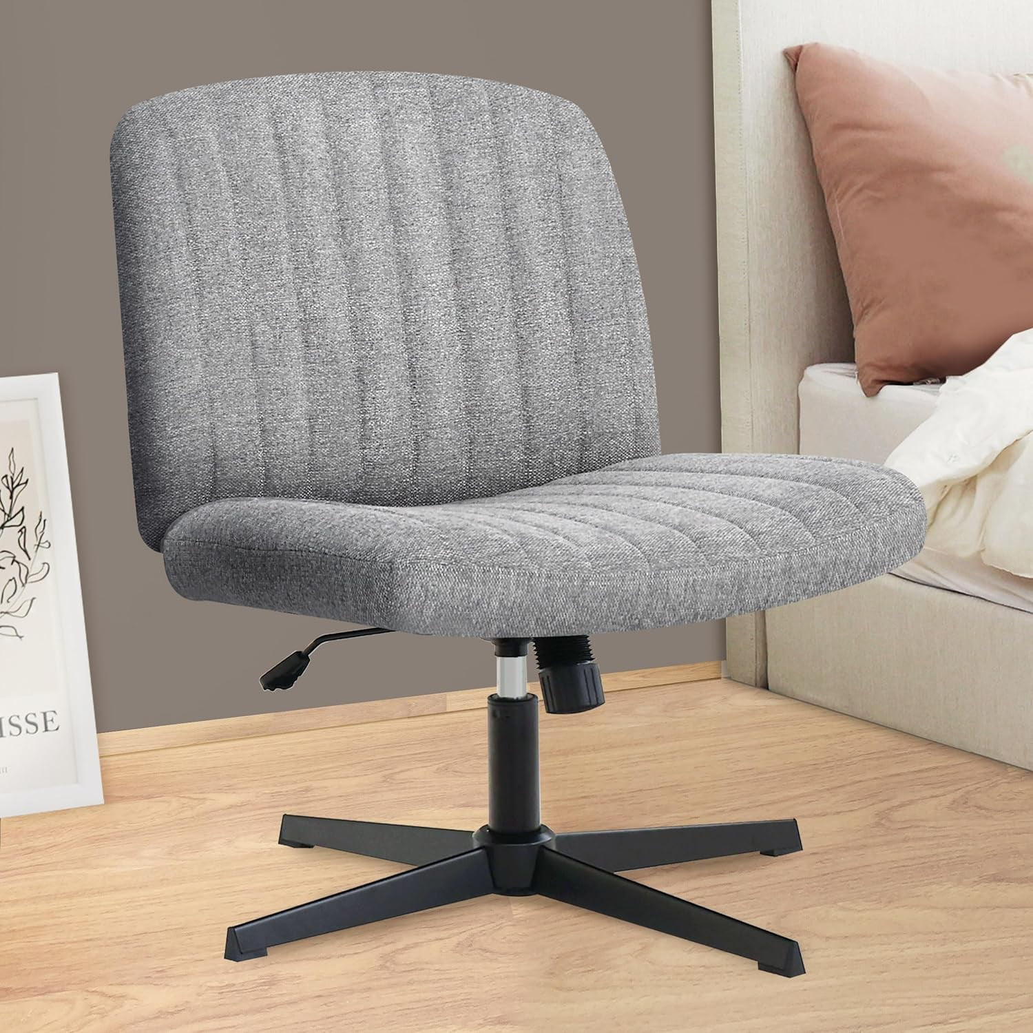 Cross Legged Office Desk Chair No Wheels Fabric Padded Modern Swivel Height Adjustable Wide Seat Computer Task Vanity Chair for Home Office Mid Back Accent Chair (Grey)