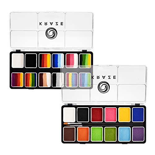 Kraze FX 12 Color Face Paint Palette Set, Value Pack of Primary Colors & Split Cakes Palette with Brushes, Professional Face Painting Starter Kit