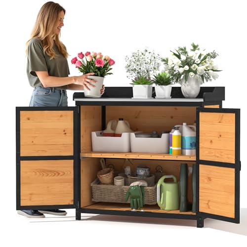 Potting Bench, Outdoor Storage Cabinet with Metal Table Top, Garden Potting Bench Table, Solid Wood Patio Furniture, Garden Workstation with Large Space Storage & Metal Hook