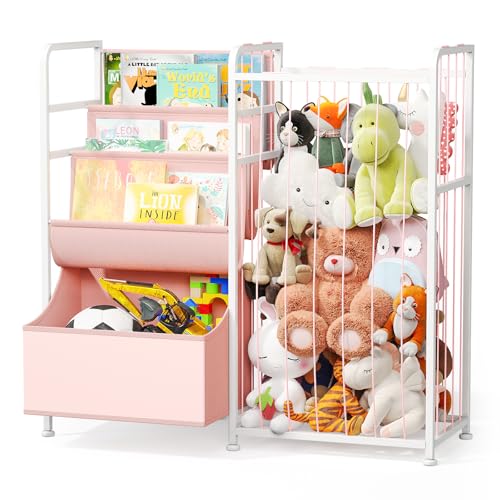 BBLIKE Kids Bookshelf and Stuffed Animal Storage - Multi-Function Nursery Book Shelves with Leather Toy Box and PVC Book Display, Toy Organizer for Playroom, Bedroom, Nursery, White