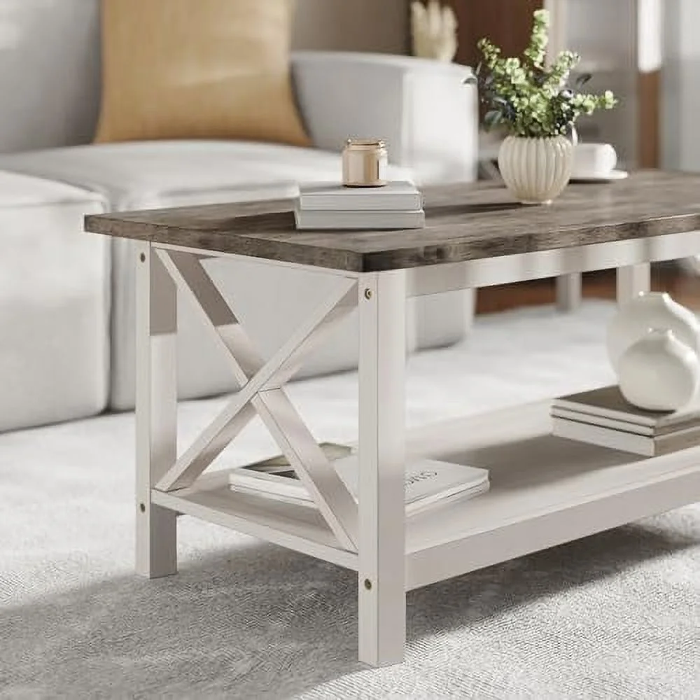 KHBIULIFE Farmhouse Style Solid Wood Coffee Table with Traditional X-Frame Design and Lower  in Acacia Gray and Rustic White