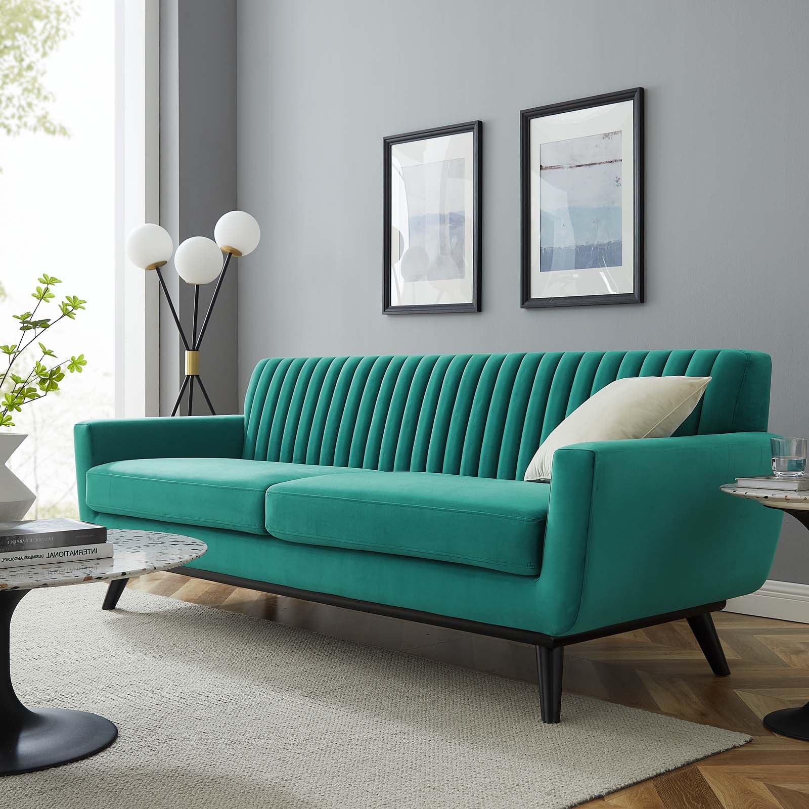 Tufted Sofa, Velvet, Teal Blue, Modern Contemporary Urban Design, Living Lounge Room Hotel Lobby Hospitality