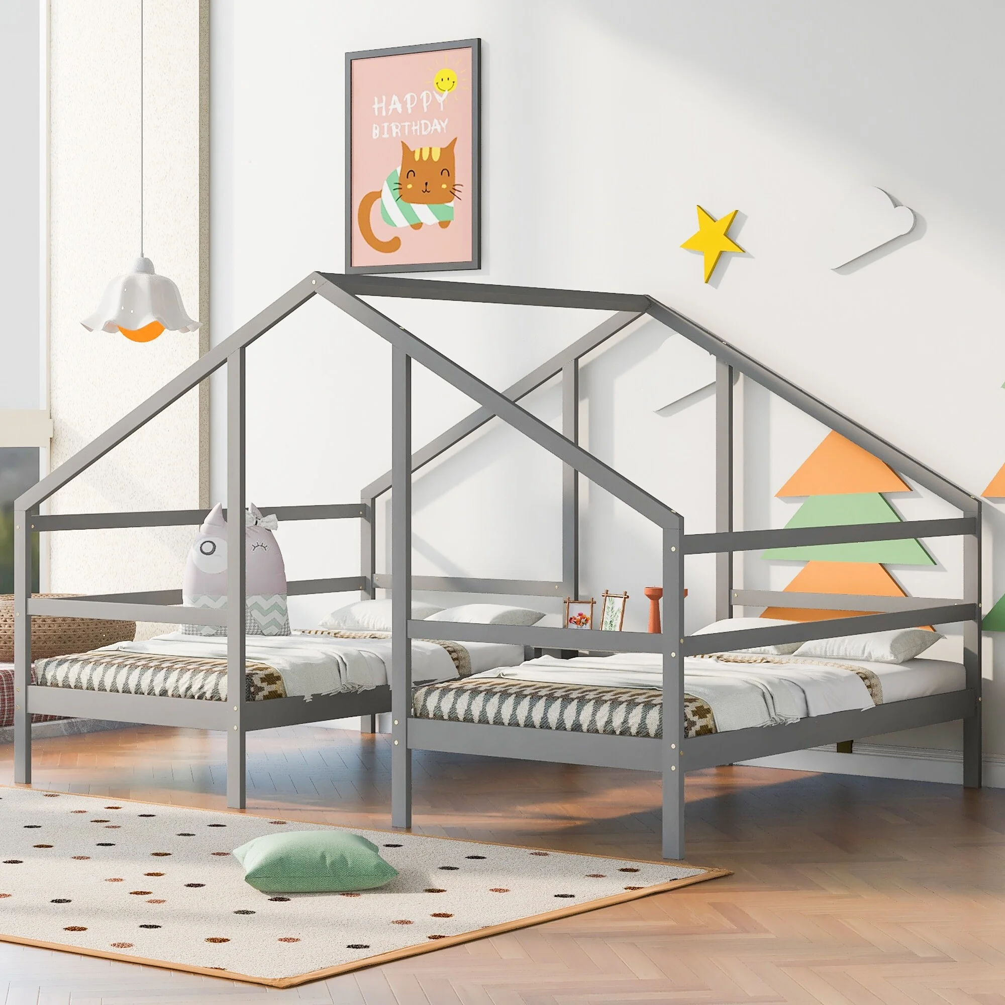 Nestfair  Twin Size Double Triangular House Beds with Built-in Table Grey