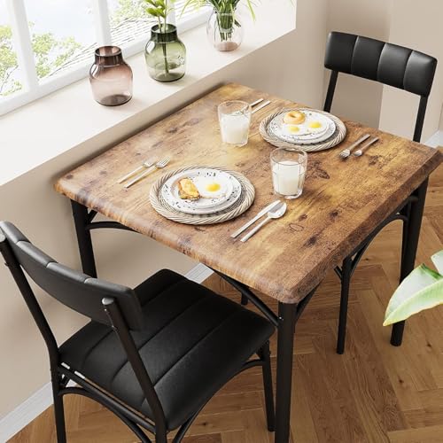 GAOMON Dining Table Set for 2, Kitchen Table and Chairs for 2 with Upholstered Chairs, 3 Piece Dining Room Table Set, Square Kitchen Table Set for Small Space, Apartment, Studio, Rustic Brown