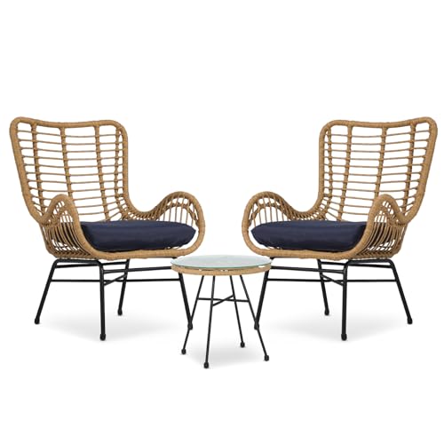Athena Collection 3 Pieces Outdoor Patio Furniture Set, Rattan Outdoor Table and Chairs Conversation Bistro Set with Cushion, Wicker Balcony Furniture for Porch, Backyard, Garden, Natural Beige
