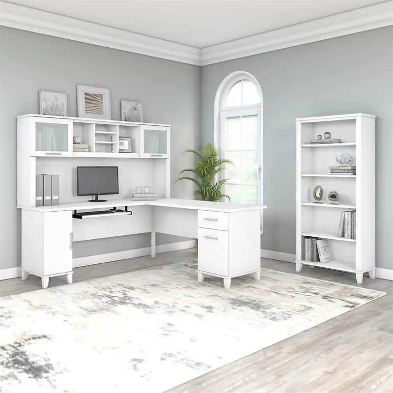 Pemberly Row 72W L Shaped Desk with Hutch & Bookcase in White - Engineered Wood