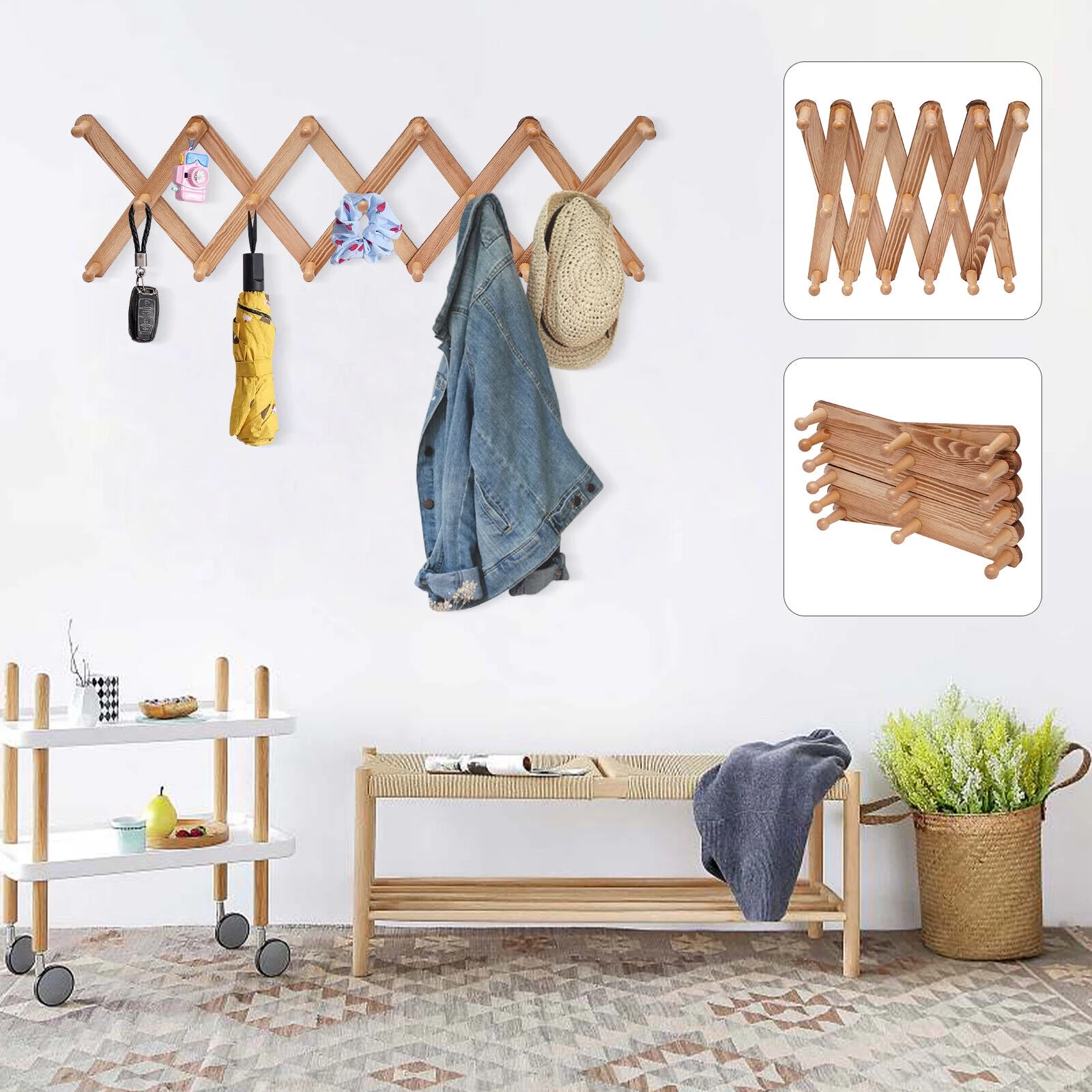 Expandable Coat Rack Accordian Wall Hanger 17 Hooks Wooden X Shape Hat Rack