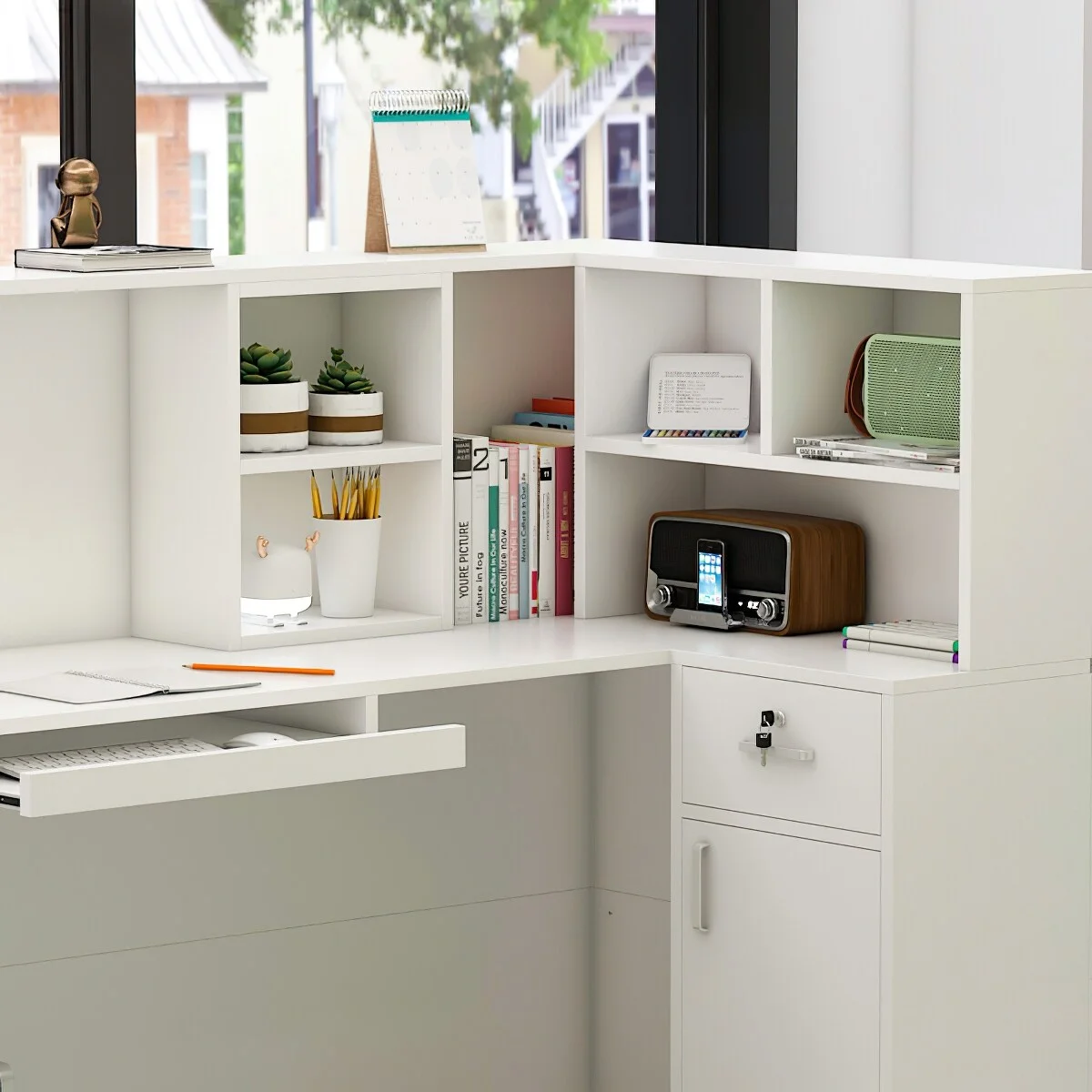 Timechee Reception Desk L-Shaped Counter Shelves Drawers Reception Table White