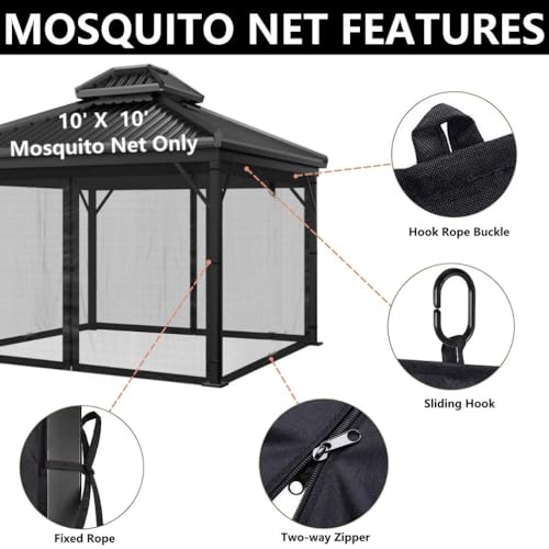 Mosquito Net for Outdoor Gazebo Canopy 4-Panel Canopy Screen Wall with 2 Zippers for 10 x 10' Patio Gazebo and Tent (Only Mosquito Net No Frame) 10' x 10' with Double Door (Black)