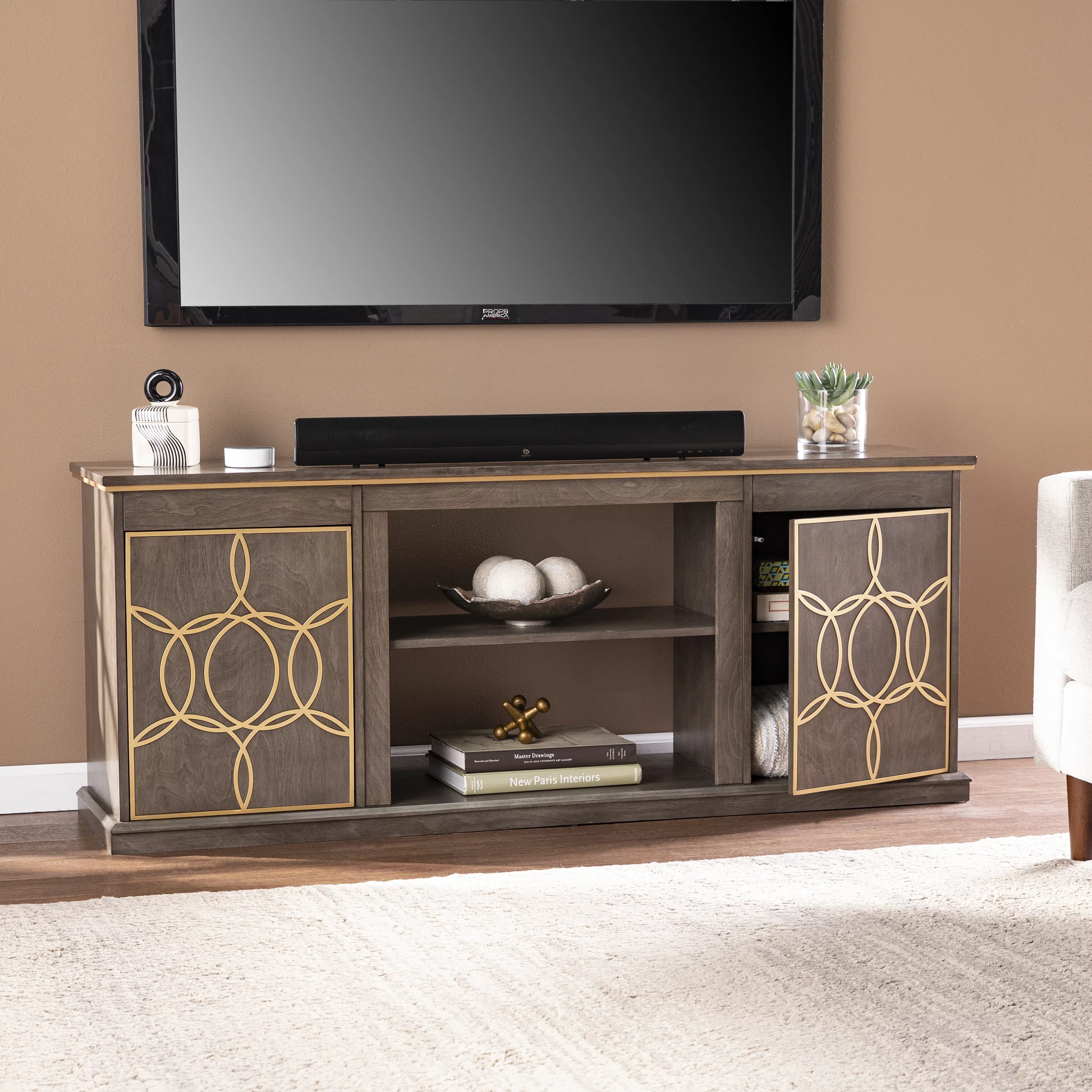 SEI Burland Transitional style Media Console w/ Storage in Brown and gold finish