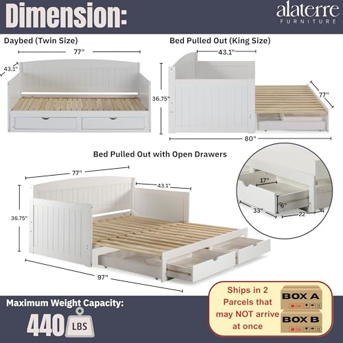 Alaterre Furniture Harmony Wood Daybed, Single, White Brazilian Pine Trundle Bed for Sleepovers with Kids, 2 Pull-Out Drawers, 440 lbs Weight Capacity, Twin-Size Bed, Modern, Sturdy, Durable