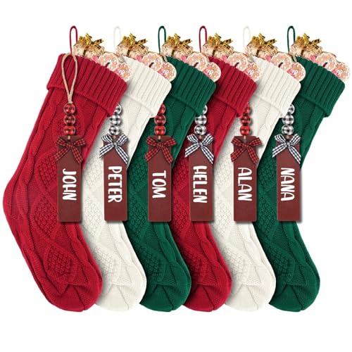 6PACK 18Inch Cable Knitted Christmas Stockings, Personalized Hanging Stockings for Holiday Party, Christmas Tree, and Family Home Decor in Red, White, Green