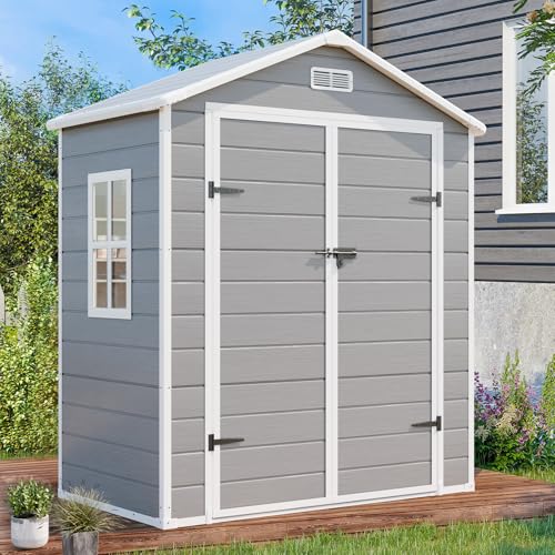 8x6x7 FT Resin Storage Shed, Waterproof Outdoor Storage Shed w/Floor, 2 Windows, Double Lockable Doors & Vents, Tool Shed for Patio Garden, Lawn, Backyard, Dove Grey