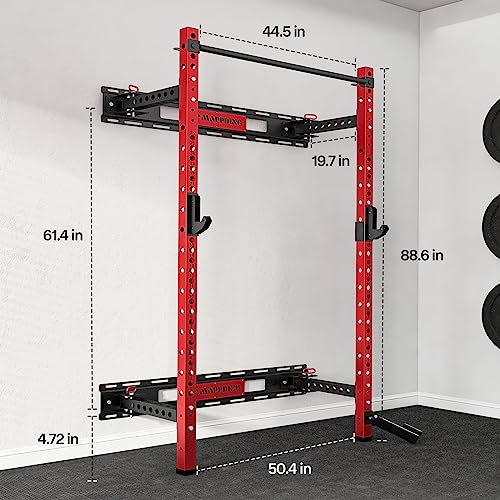 Folding Squat Cage Wall Mounted, 1100 LBS Foldable Squat Power Rack Weight Cage with Pull Up Bar, J-Cups, Landmine and Partable Space Saving Standing for Home Gym Garage Workout
