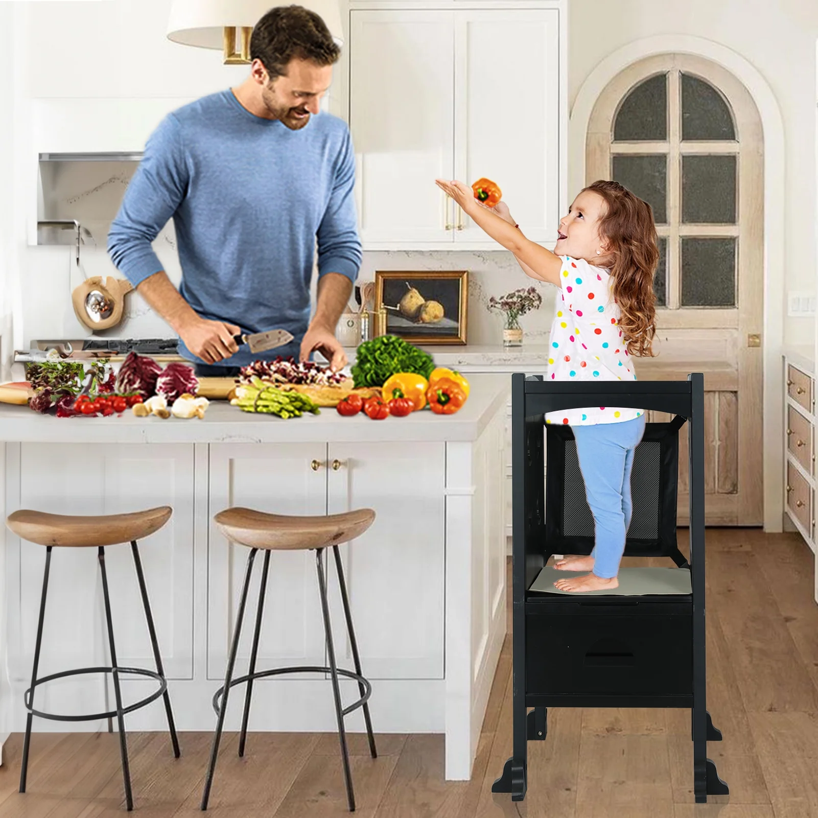 Fionafurn Wooden Kitchen Step Stool, Folding Toddler Stool Counter Kids Kitchen Step Stool,Black