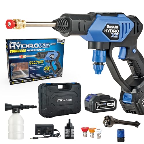 Ontel Turbo Jet HydroX5 Pro Portable Cordless Pressure Washer (21V 3000mAh Battery), 6-in-1 Nozzle, Dual Water Source, 16ft Detachable Hose