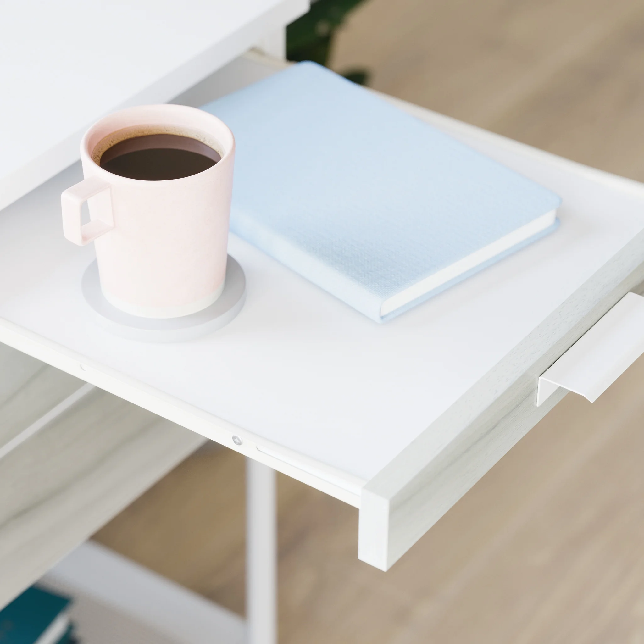 Sauder Boulevard Cafe, Side Table With Pull Out Tray and Drawer, White Finish