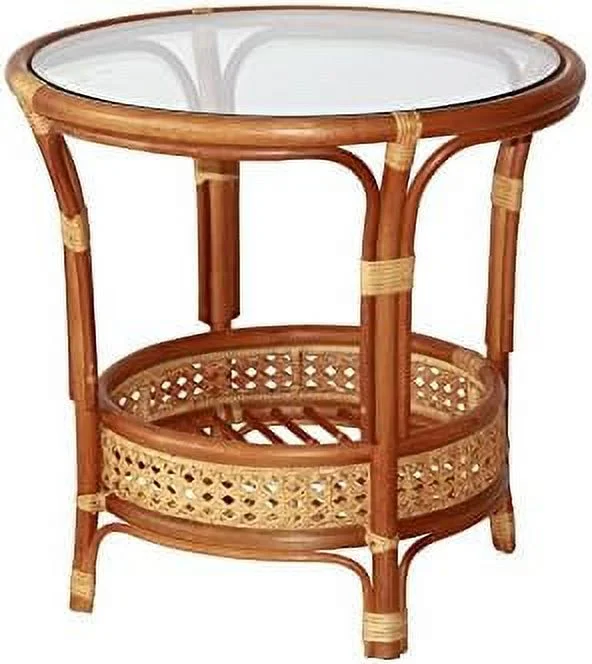 TJUNBOLIFE Pelangi Round Coffee Table Natural Rattan Wicker with Glass Top Handmade  Dark Brown