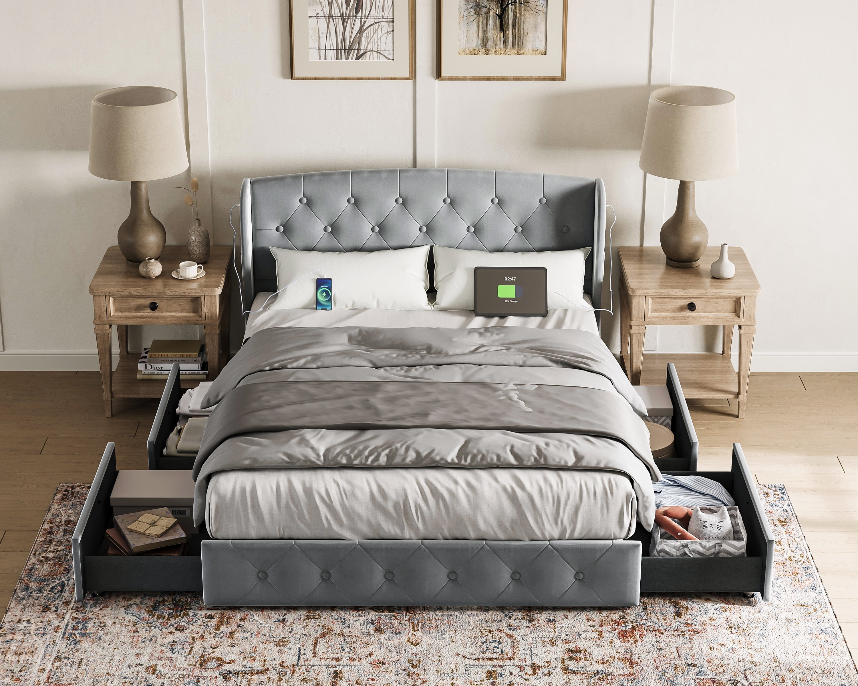 Linsy Home Upholstered Full Size Platform Bed Frame with Headboard and 4 Storage Drawers, Storage Bed with Remote RGB Lights & Fast Charger, No Box Spring Needed, Light Grey