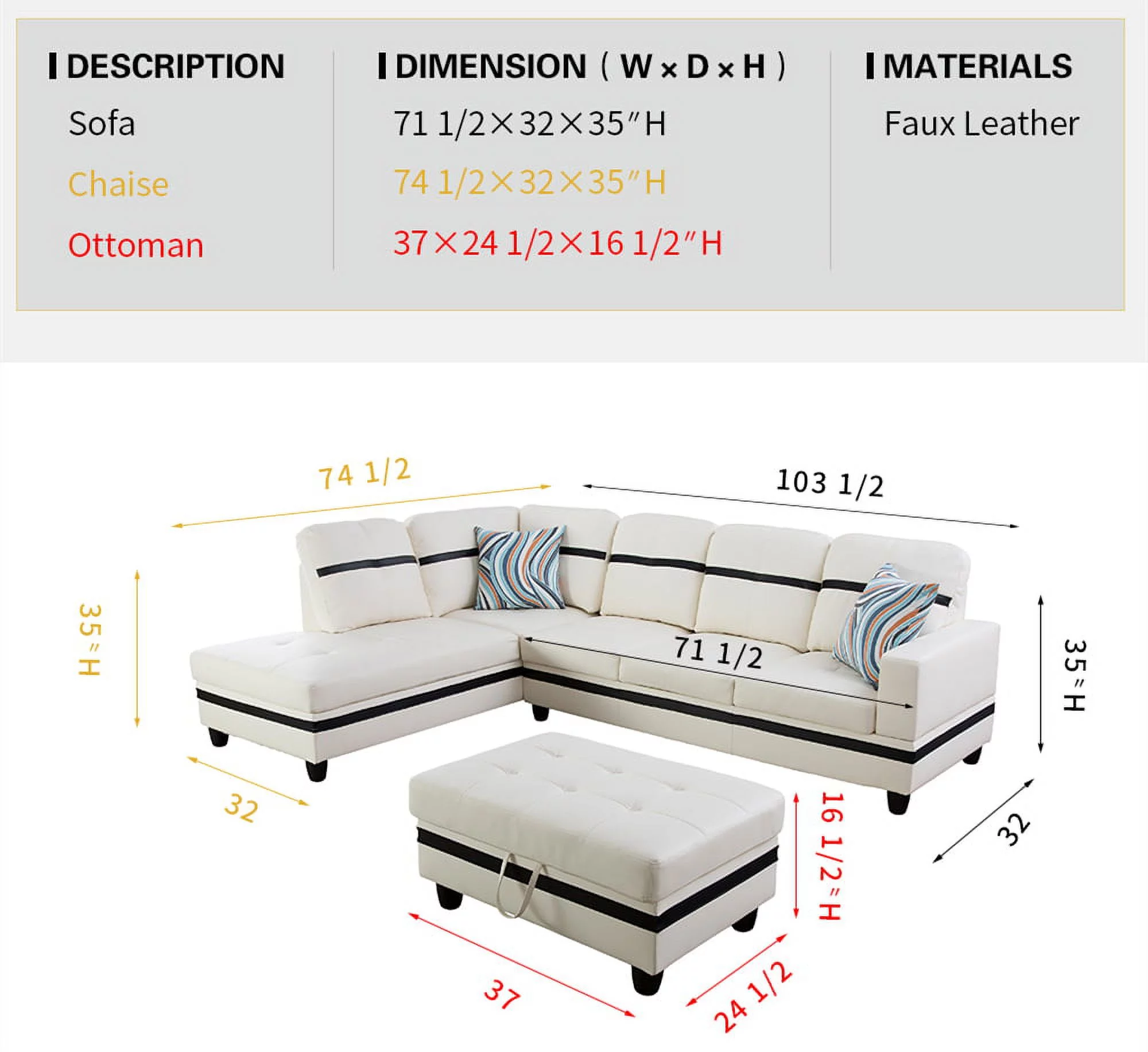 PonLiving Furniture Faux Leather 3 Piece White & Black Right Hand Facing Sectional Sofa Couch Set, L-Shaped Modern Sofa with Chaise Storage Ottoman and Pillows for Living Room Furniture