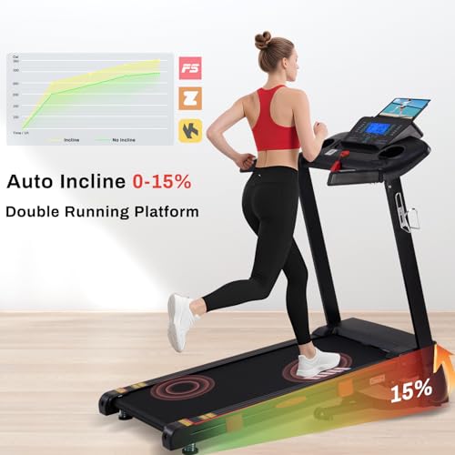 15% Auto Incline Treadmills for Home, 10 MPH Speed, 3.0 HP Foldable Treadmill, 18