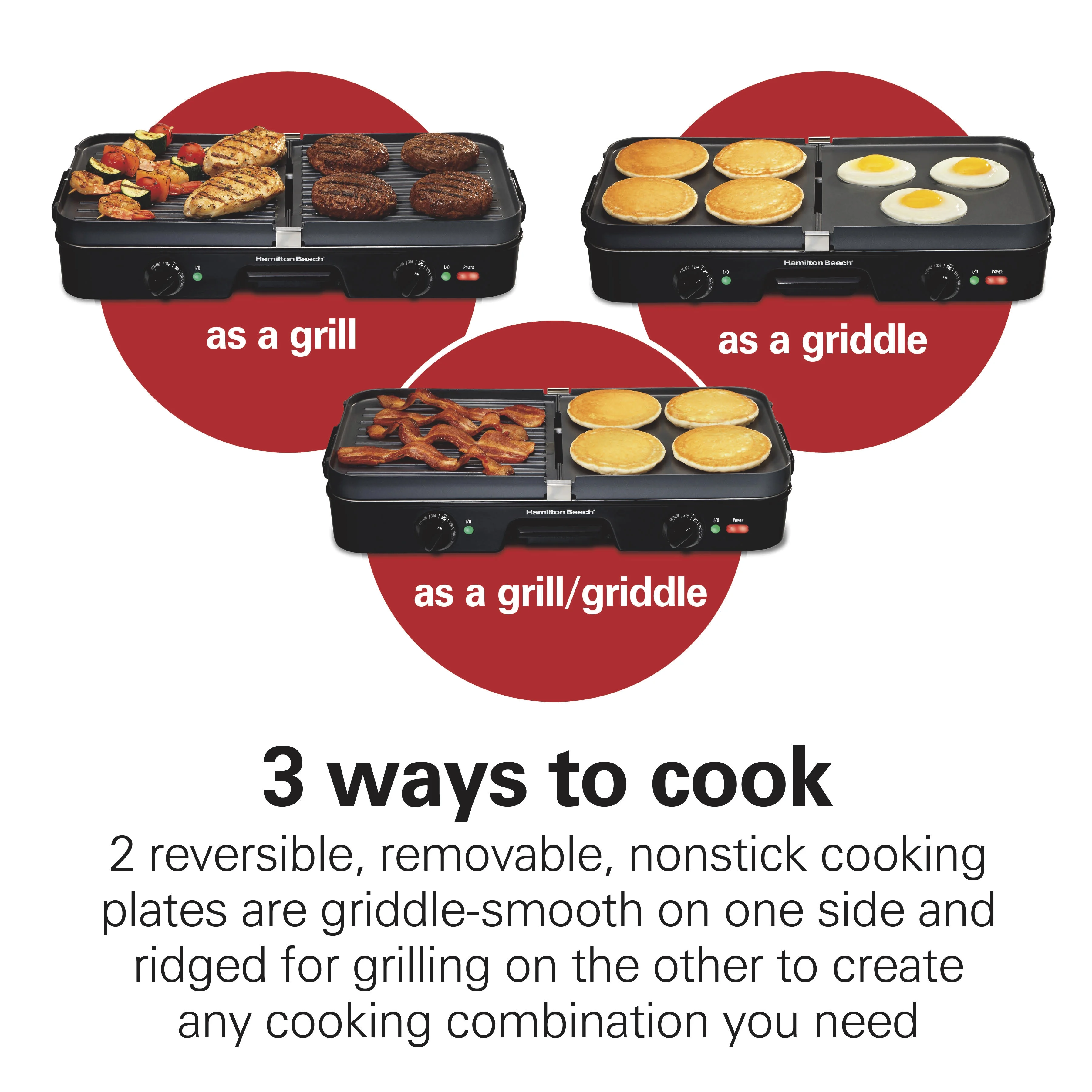 Hamilton Beach 3-in-1 Electric Indoor Grill/Griddle, 180 Sq. in. Nonstick Cooking Surface, Adjustable Temperature Up to 425°F, Black, 38546
