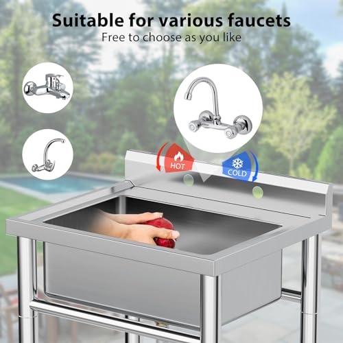 NSF Stainless Steel Single Bowl Sink, Freestanding Utility Sink with Pull-Out Faucet, Cold & Hot Water, for Kitchen, Bar, Garage, Backyard (28in)
