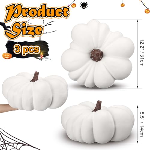 Liliful 3 Pcs 12.2inch Large Pumpkin Outdoor Porch Decor Faux Foam Artificial Fake Pumpkin for Decorating Harvest Fall Decorations for Thanksgiving Halloween Wedding Home(White)