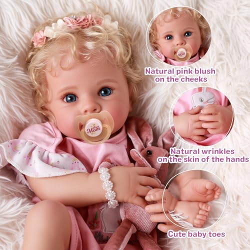 BABESIDE Reborn Baby Dolls Bettie - 17 Inch Soft Body Realistic Baby Doll Girl Lovely Awake Blond Curly Hair Girl Doll Handmade Real Life Baby Dolls with Gift Box for Kids Age 3+ Collectors