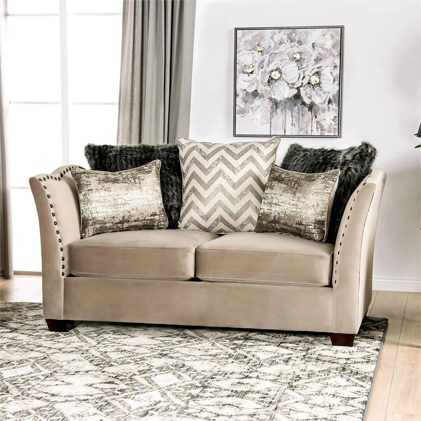 Furniture of America Keinisha Transitional Fabric Nailhead Loveseat in Beige