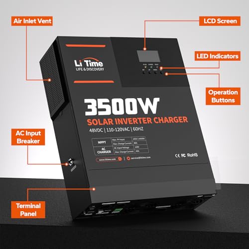 LiTime 3500W Pure Sine Wave Solar Inverter Charger, 48V DC to 120V AC All-in-One Solar Inverter, Built in 80A MPPT Charge Controller, for 48V Lead Acid/LiFePO4 Battery, Home Energy Storage, Off-Grid