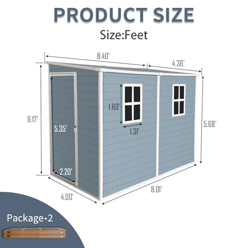 4x8 ft Outdoor Resin Storage Shed with Floor and 2 Windows, Lockable Double Door Resin Sheds with Vents, Waterproof Garden Shed for Backyard, Patio, Lawn, All-Weather Tool Sheds, Grey