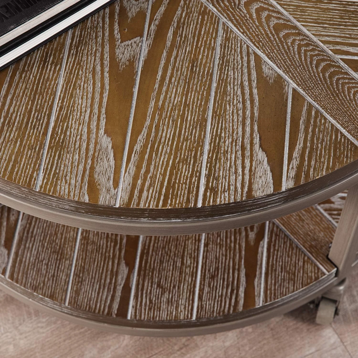 Konya Urban Industrial Round Coffee Table, White-Limed Burnt Oak/Distressed Gray