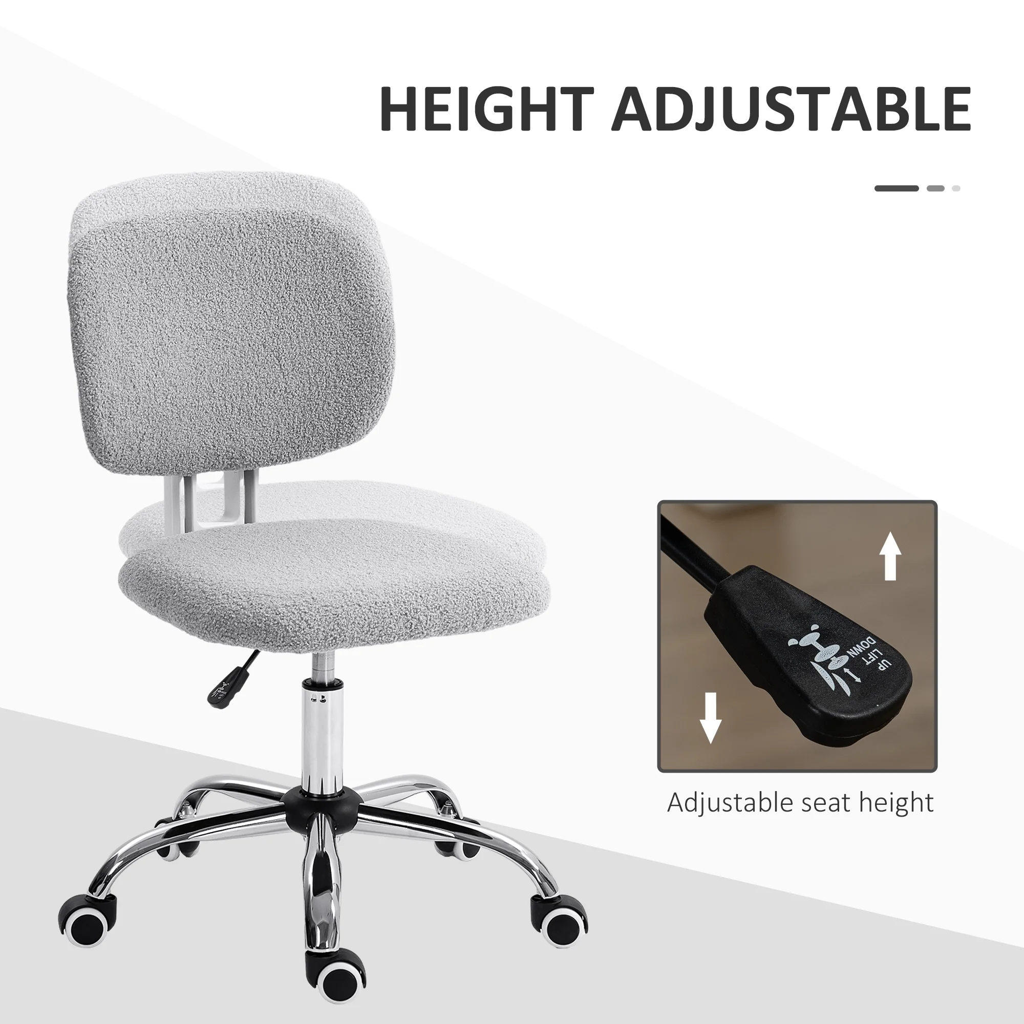 CoSoTower Cute Armless Office Chair, Teddy Fleece Fabric Computer Desk Chair, Vanity Task Chair with Adjustable Height, Swivel Wheels, Mid Back, Light Gray