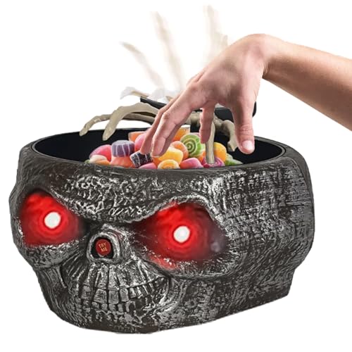 Halloween Candy Bowl, Animated Halloween Skull Pumpkin Bowl, Automatic Sensor/Button Press Scary Candy Dish with Creepy Moving Skeleton Hand and Scream for Trick or Treat to Kids(Pumpkin Style)