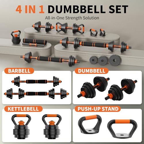 VTORY Adjustable Dumbbell Set, 30/50/70/90lbs Free Weights Dumbbells Set, 4 in1 Dumbbell Barbell Kettlebell Push-Up Stand Weight Set, Dual-Lock Safety Grip, Ergonomic Design, Weight Set for Home Gym, Set of 2