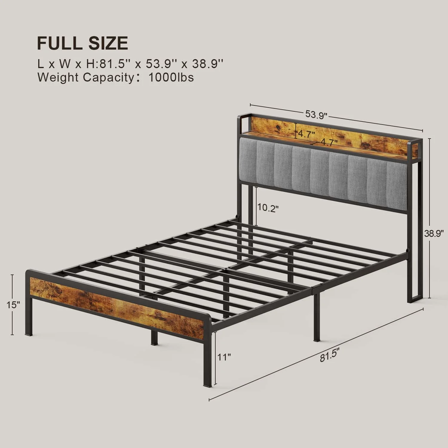 Full Bed Frame, Lofka Bed Frame Full Size with Storage Headboard Light Gray