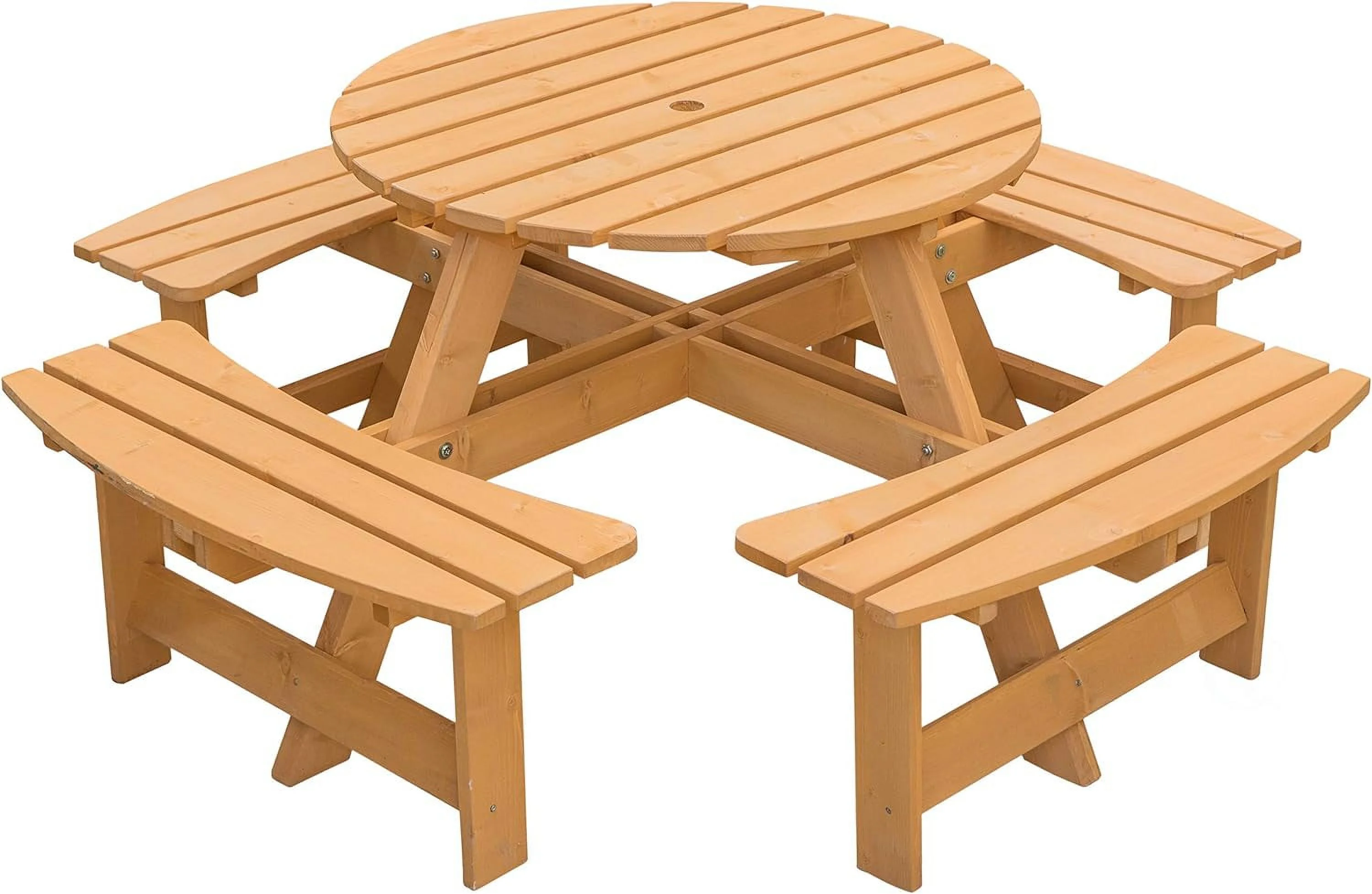 Wooden Outdoor Patio Garden Round Picnic Table With Bench, 8 Person-Stained