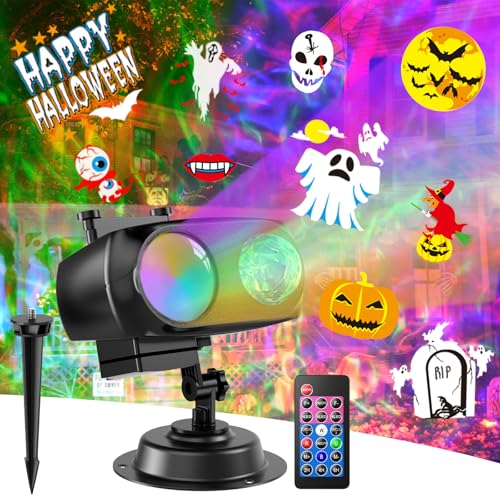 8-Pattern Halloween Projector Lights Outdoor 2-in-1, Holiday Projector Lights Outdoor 26 Effects (Projection Card +3D Ocean Wave) with Timer, Halloween Christmas Decorations Lighting for Party Decor