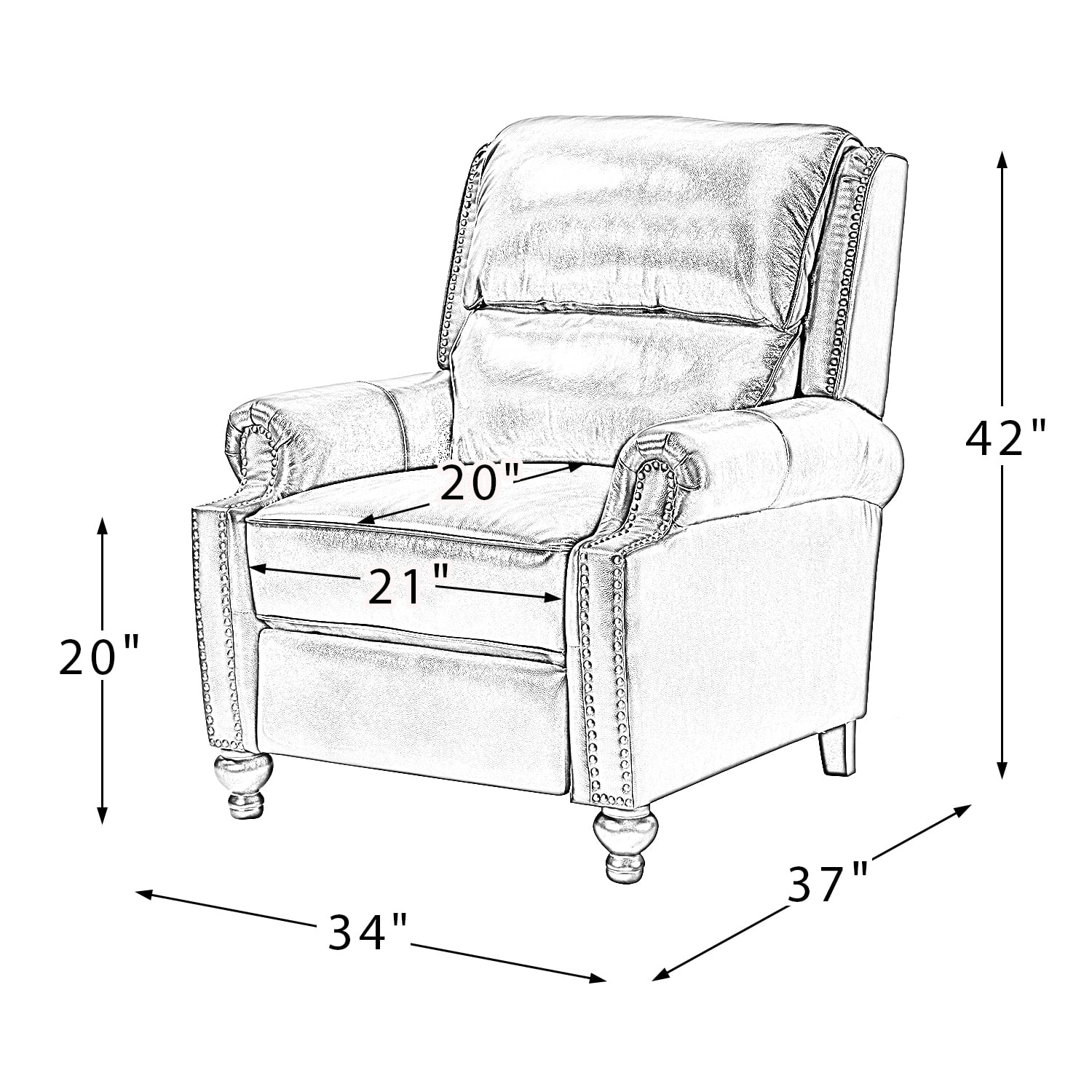 Genuine Leather Recliner Chair Mid-century Modern Wood Legs Nailhead Trim Armchair Living Room Office Camel